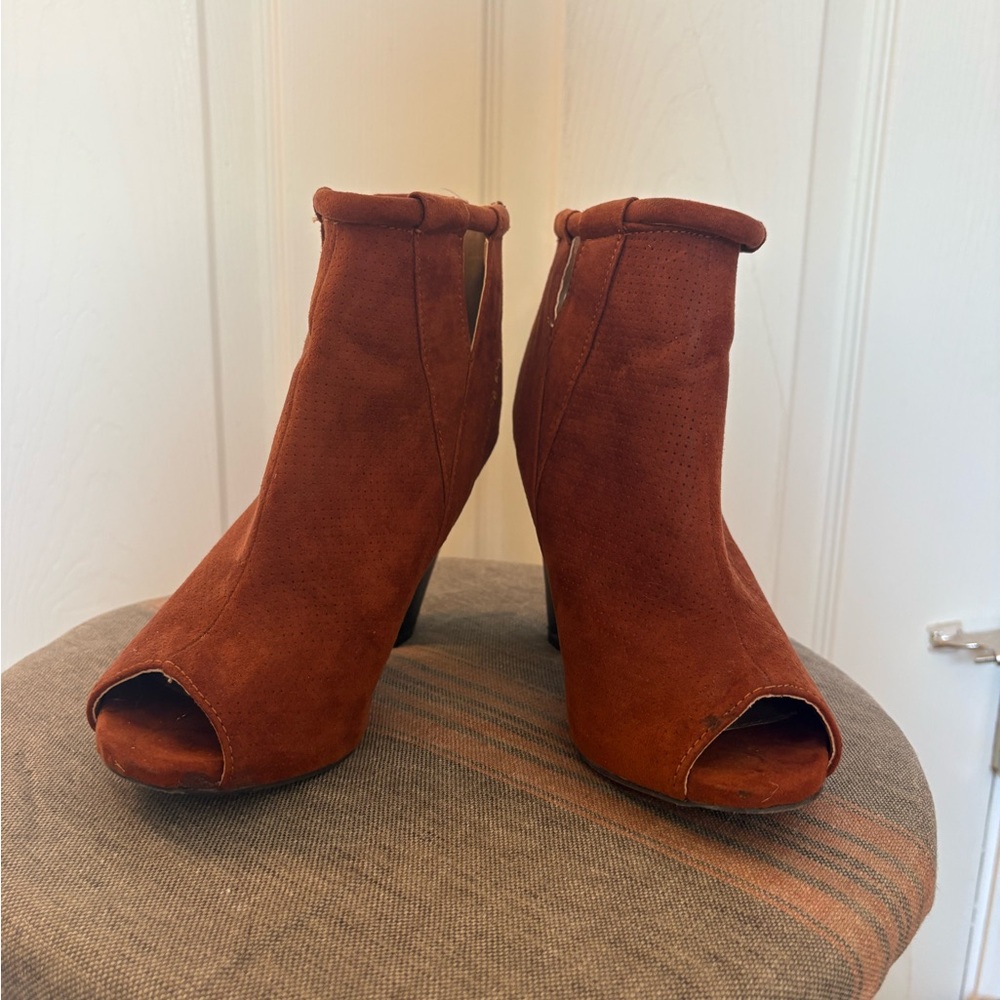 Qupid Burnt Orange Suede Peep-Toe Boots